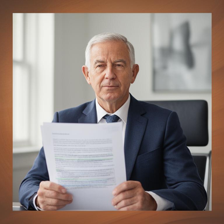 Senior contract drafter reviewing a marked-up agreement in a calm London office with natural light